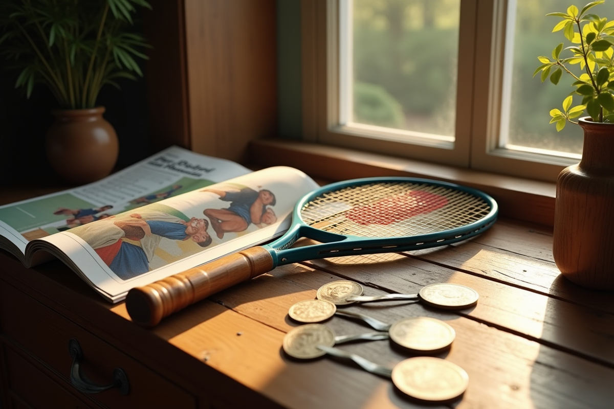 Raquette vintage et médailles sur une table en bois
