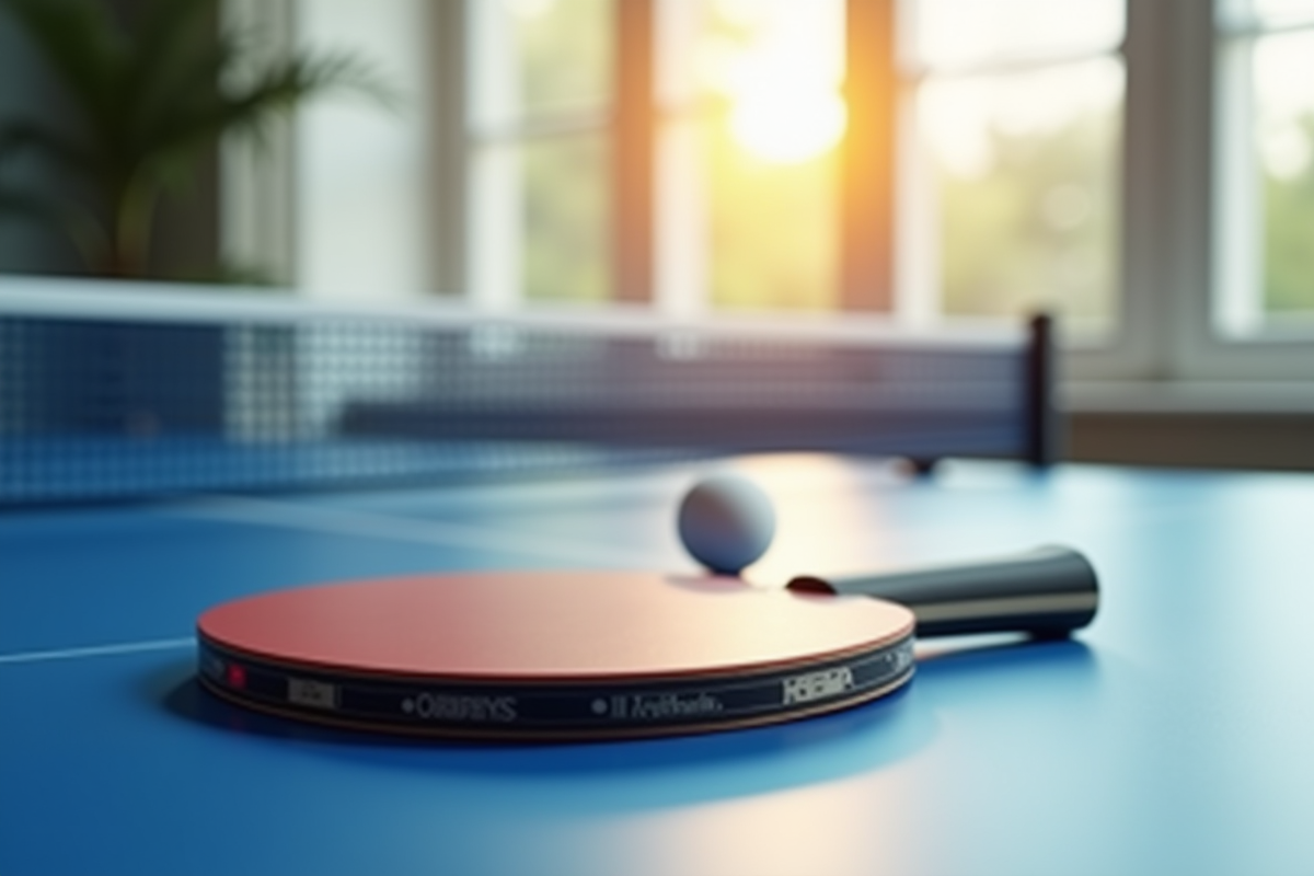 Raquette de tennis de table posée sur une table bleue avec balle blanche
