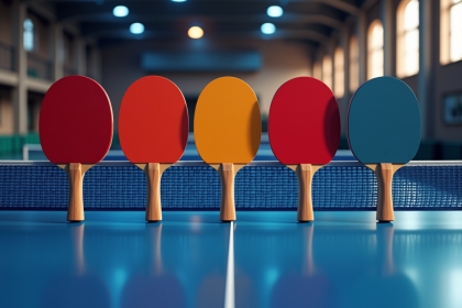 Cinq raquettes de tennis de table modernes alignées sur une table de compétition