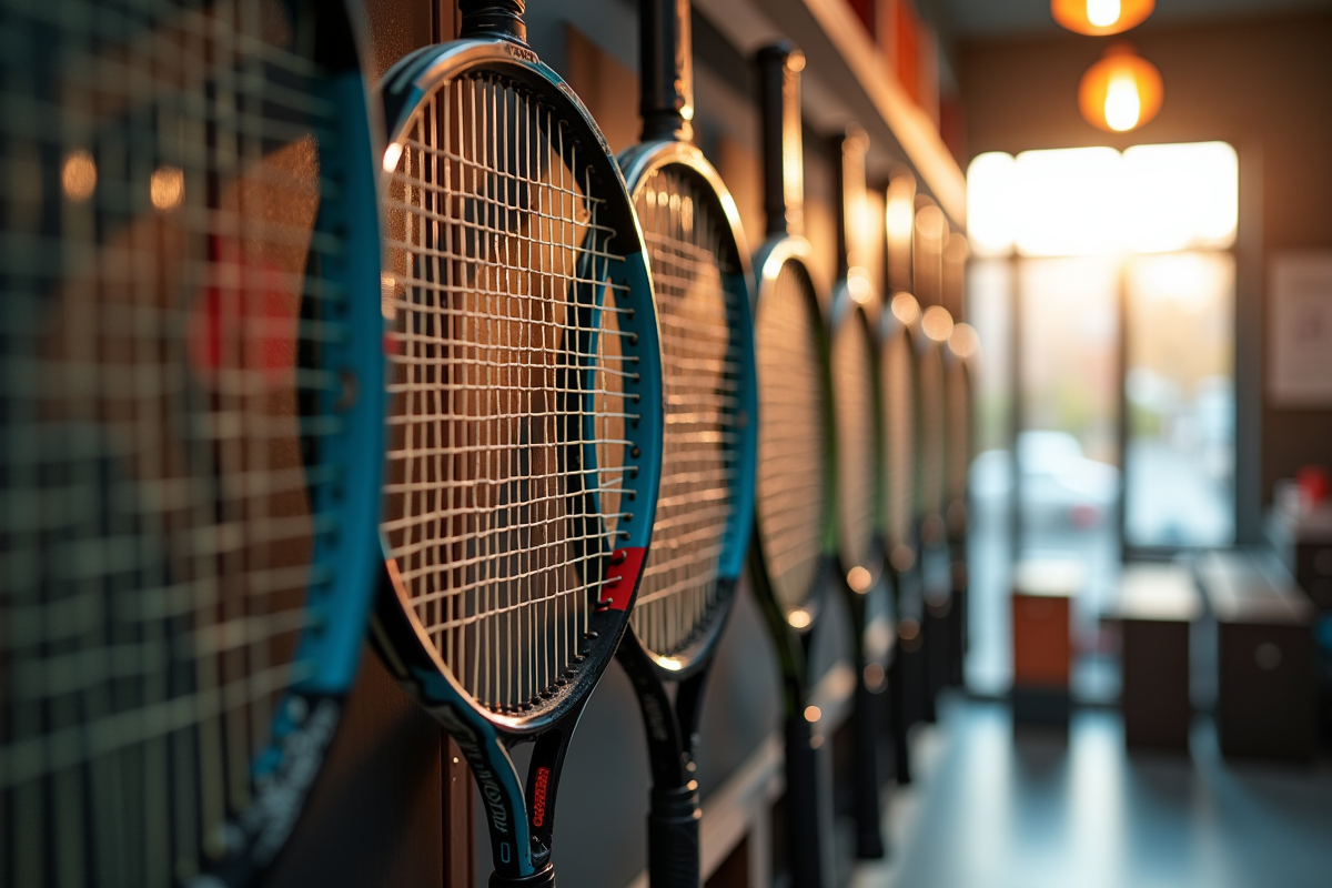 Raquettes de tennis anciennes exposées dans un magasin sportif