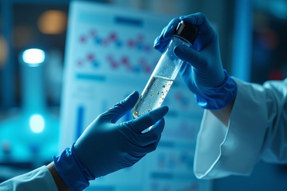 Gants tenant un tube à essai avec une solution protéique en laboratoire