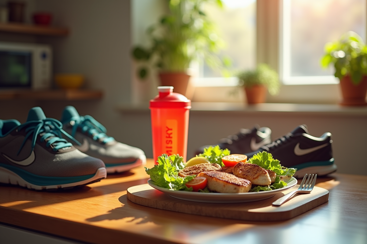 Repas sportif non consommé sur un plan de cuisine ensoleillé