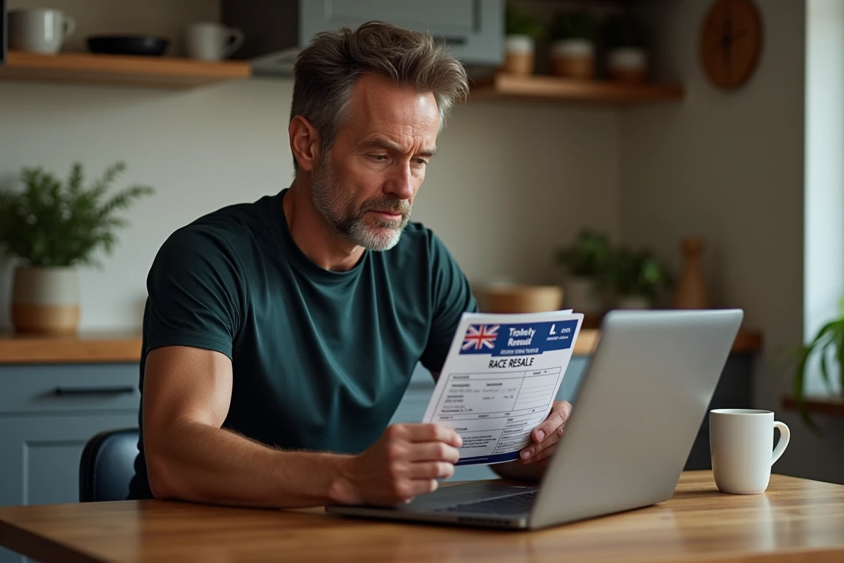 Coureur consultant un site de revente de dossard de marathon sur son ordinateur portable à la maison