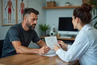 Homme coureur remettant son certificat médical à une médecin