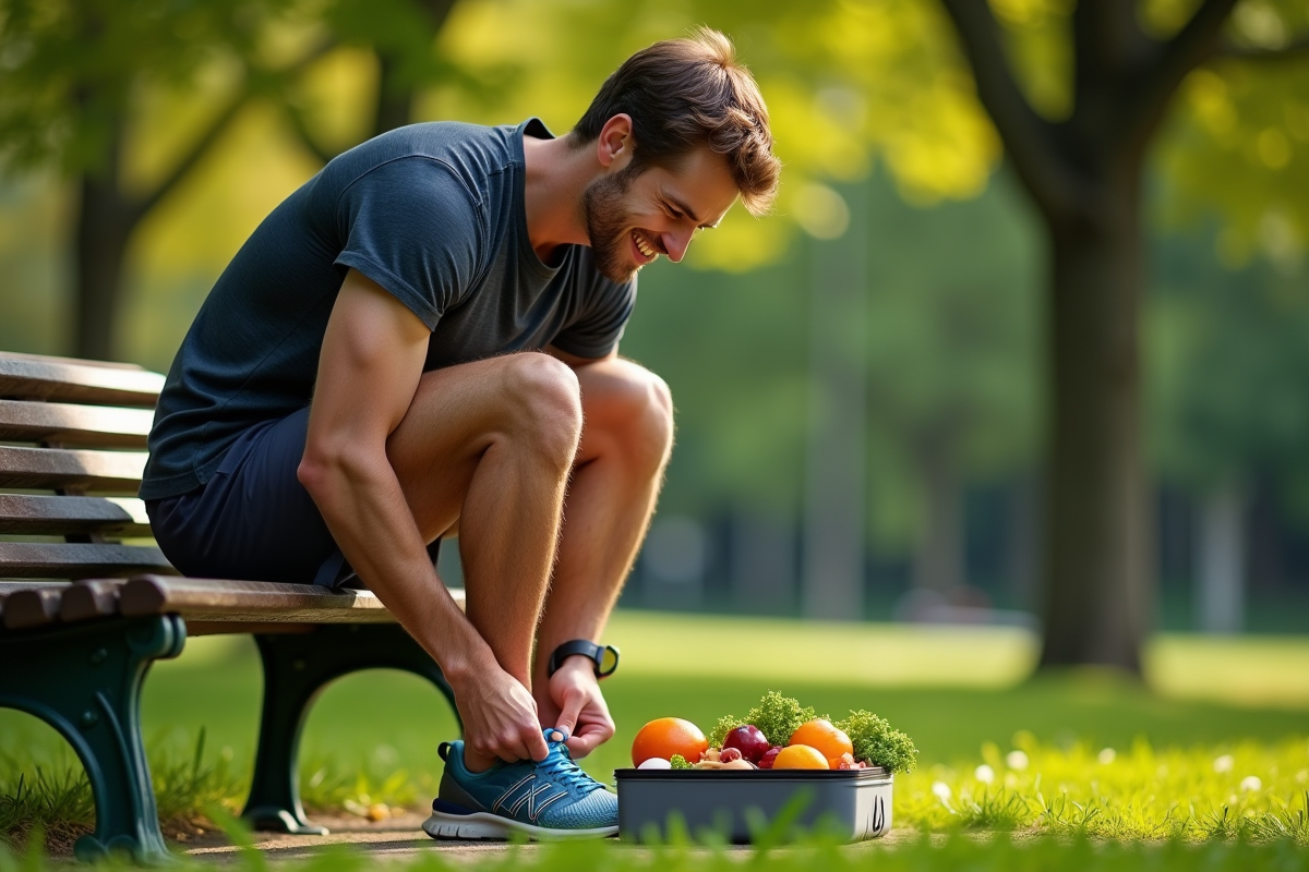 Homme courant dans un parc avec lunchbox végétarien en matinée