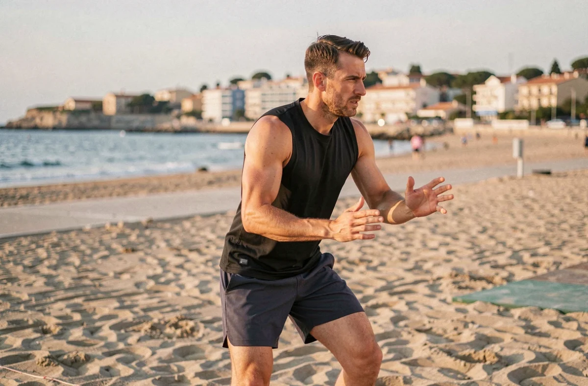 Sabri, coach sportif à Agde, animant une séance de sport en plein air sur le front de mer