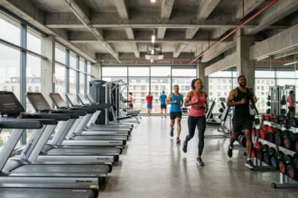 Vue intérieure d'une salle de sport moderne en Seine-Saint-Denis avec des équipements variés et des pratiquants en pleine séance