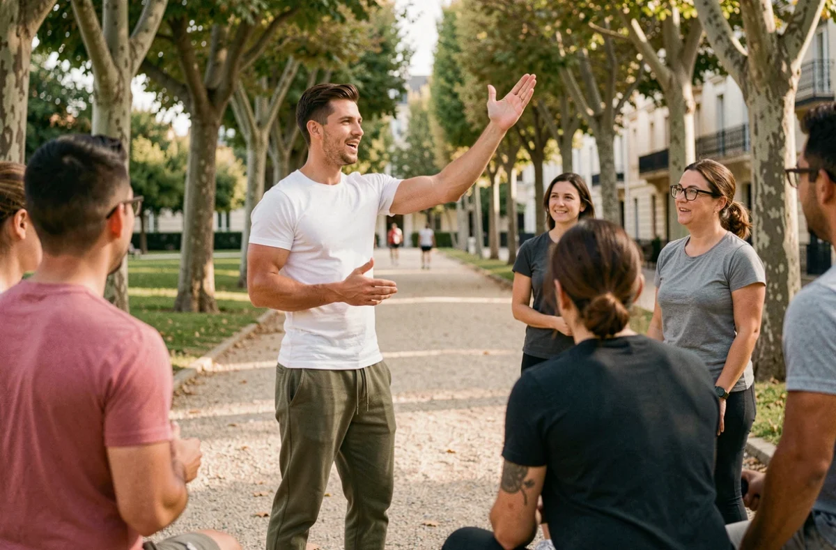 Samy, coach sportif à Montpellier, animant une séance de bootcamp dans un parc urbain