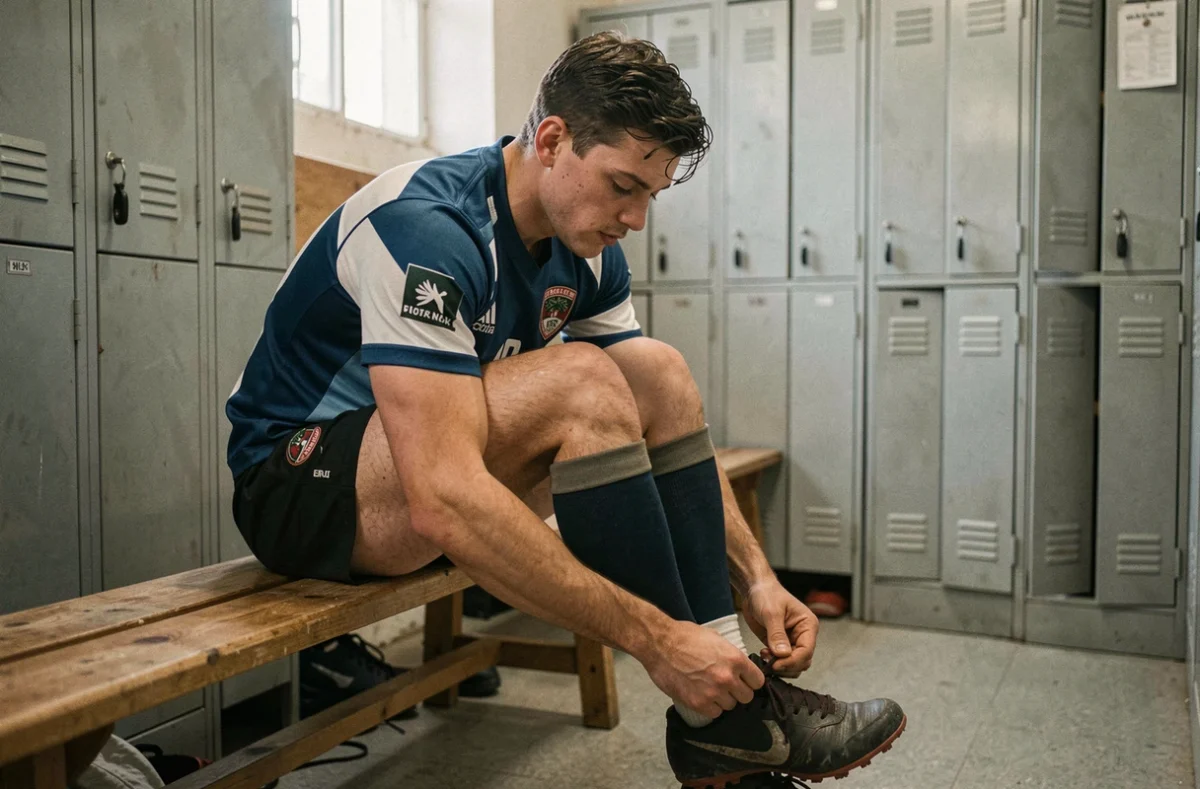 Jeune joueur de rugby professionnel dans un vestiaire modeste illustrant le salaire minimum ou SMIC du Top 14
