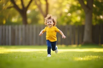 Petite fille de 3 ans qui court et joue en plein air dans un parc verdoyant, activité physique adaptée aux jeunes enfants