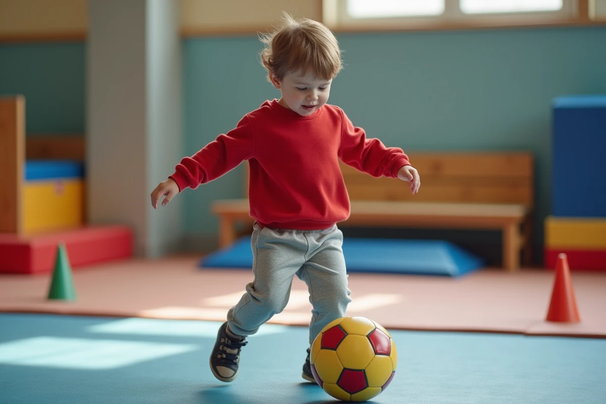 Enfant de 3 ans qui tape dans un ballon de foot dans une salle de gym intérieure, initiation sportive pour les tout-petits