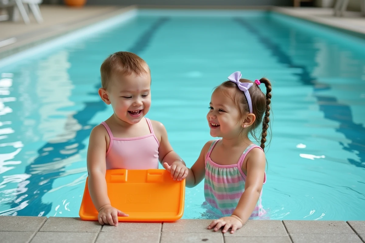 Deux enfants de 3 ans lors d'une initiation à la natation en piscine municipale, activité aquatique adaptée aux tout-petits
