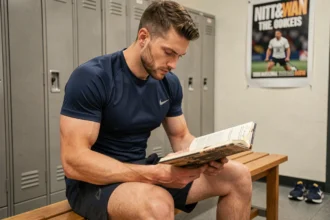 Sportif ambitieux étudiant ses notes tactiques dans un vestiaire moderne, illustrant la préparation mentale et la rigueur inspirées de Simon Lebriacs