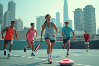 Jeunes adultes en action sur un terrain urbain sportif avec puck lumineux
