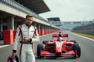 Pilote en combinaison de course debout à côté d'une voiture de circuit rouge sur un circuit de pilotage professionnel en France