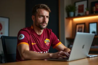 Supporter de l'AS Roma consultant des actualités du club sur un ordinateur portable dans un bureau à domicile