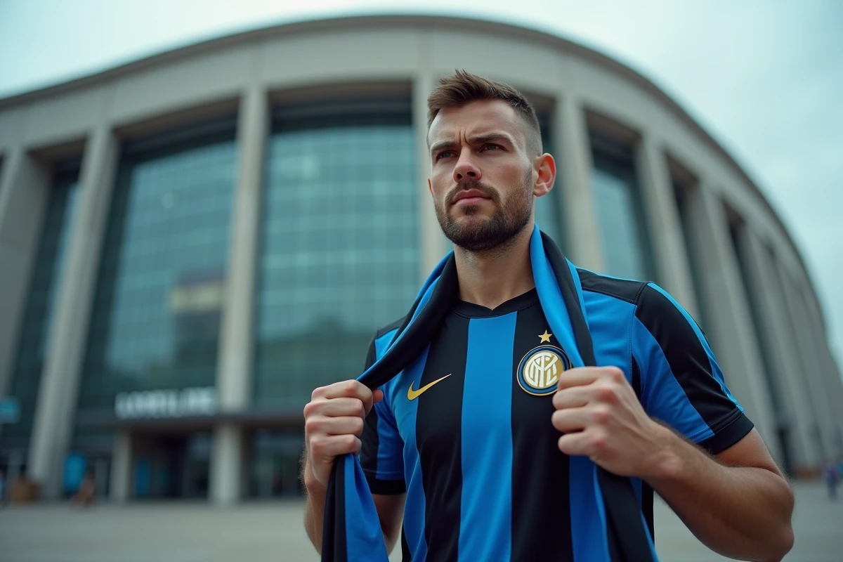 Supporter de l'Inter Milan en maillot domicile rayé noir et bleu devant l'entrée d'un stade européen tenant une écharpe aux couleurs du club