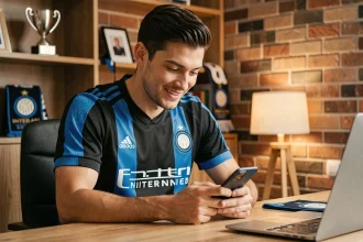 Supporter de l'Inter Milan consultant les réseaux sociaux du club sur son smartphone dans un bureau décoré de memorabilia nerazzurri