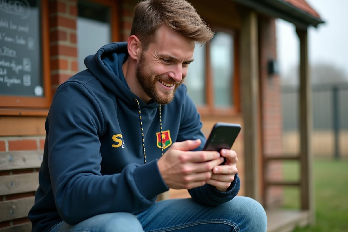 Supporter de rugby consultant les résultats de la fédérale sur son smartphone assis devant un club house