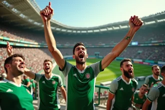 Supporters algériens en tribune célébrant un but dans un stade de football en Algérie