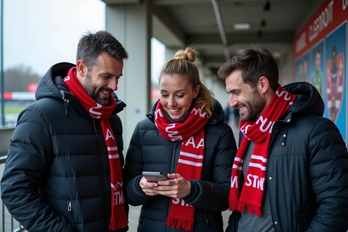 Supporters de l'ASM Clermont consultant les actualités de transferts sur smartphone devant le stade