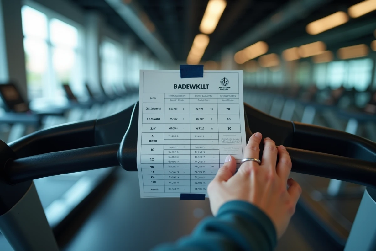 Tableau allure km/h plastifié fixé sur un tapis de course en salle de sport pour un suivi de vitesse en temps réel