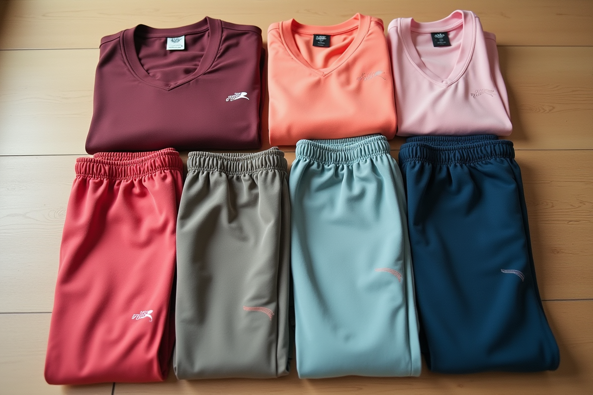 Vêtements de jogging pliés aux couleurs variées sur un sol en bois