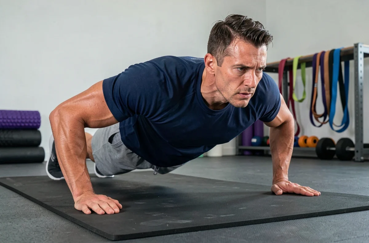 Thomas, coach sportif à Montpellier, réalisant une démonstration d'exercice dans un studio de fitness