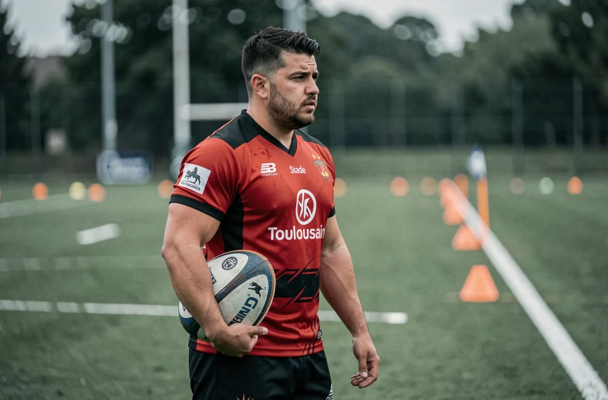 Joueur de rugby professionnel en maillot de Toulouse avec une expression pensive illustrant un départ lié au salary cap