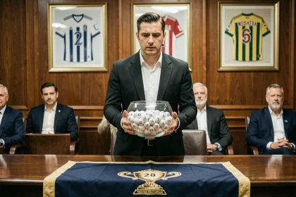 Arbitre tenant le bol du tirage au sort des demi-finales de la Coupe de France lors d'une cérémonie officielle en salle