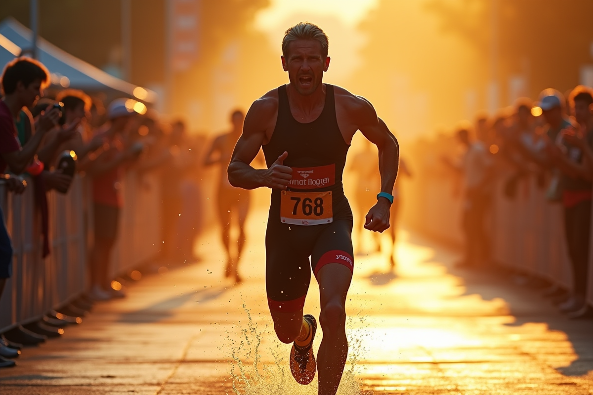 Triathlète épuisé franchissant la ligne d'arrivée en pleine course