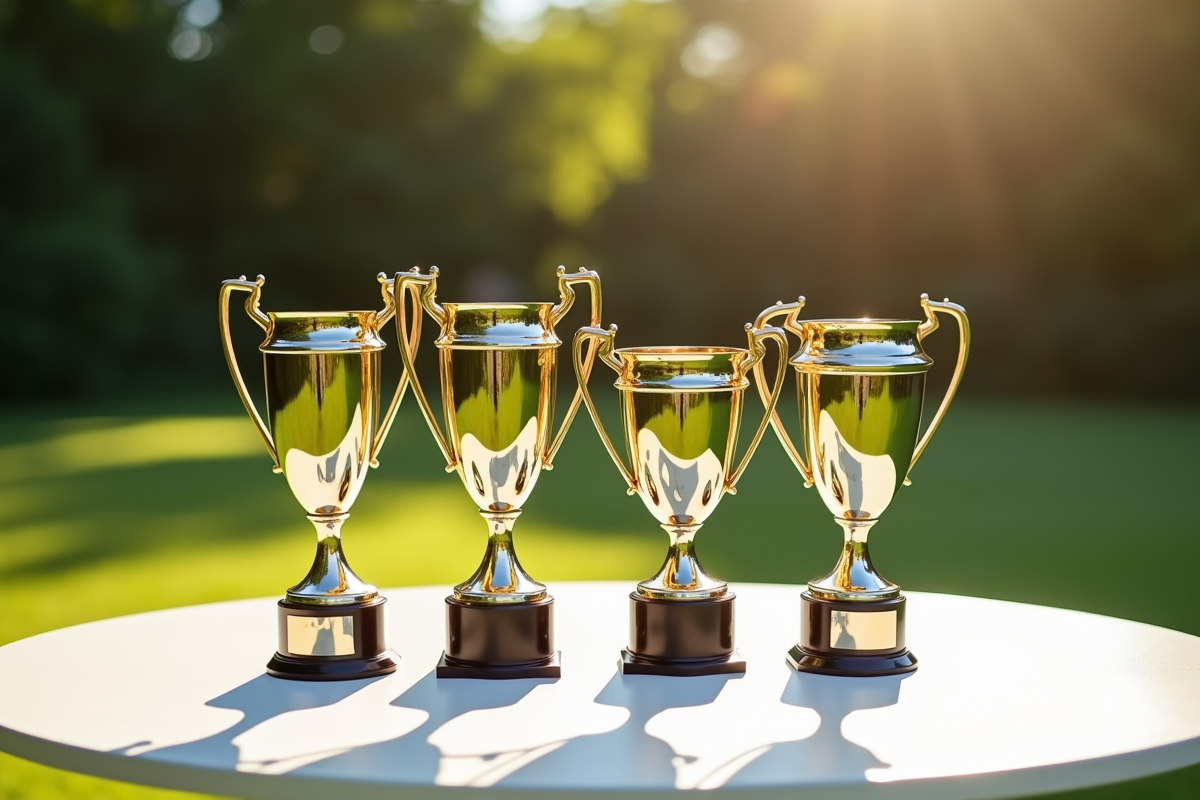 Quatre trophées iconiques de tennis sur une table en plein air avec lumière naturelle