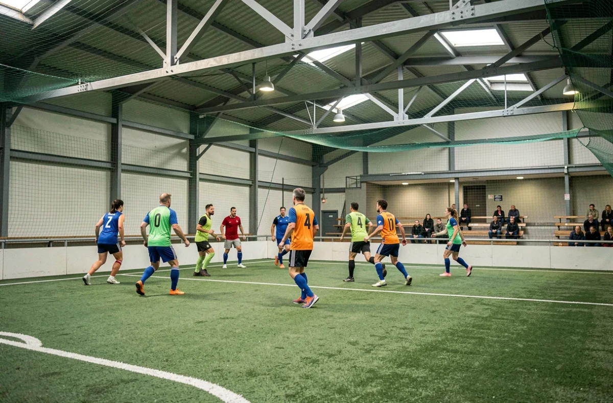 Terrain de football à cinq en salle de l'UrbanSoccer Porte d'Aubervilliers avec des joueurs adultes en plein match sur gazon synthétique