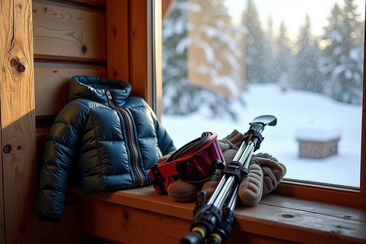 Vêtements de ski et accessoires sur un banc en chalet en journée