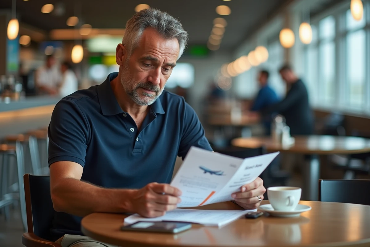 Voyageur seul consultant son itinéraire Air Egypt dans un café d'aéroport calme hors saison