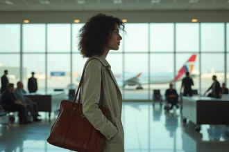 Voyageuse à un terminal aéroport avec un avion Air Egypt visible en arrière-plan hors saison